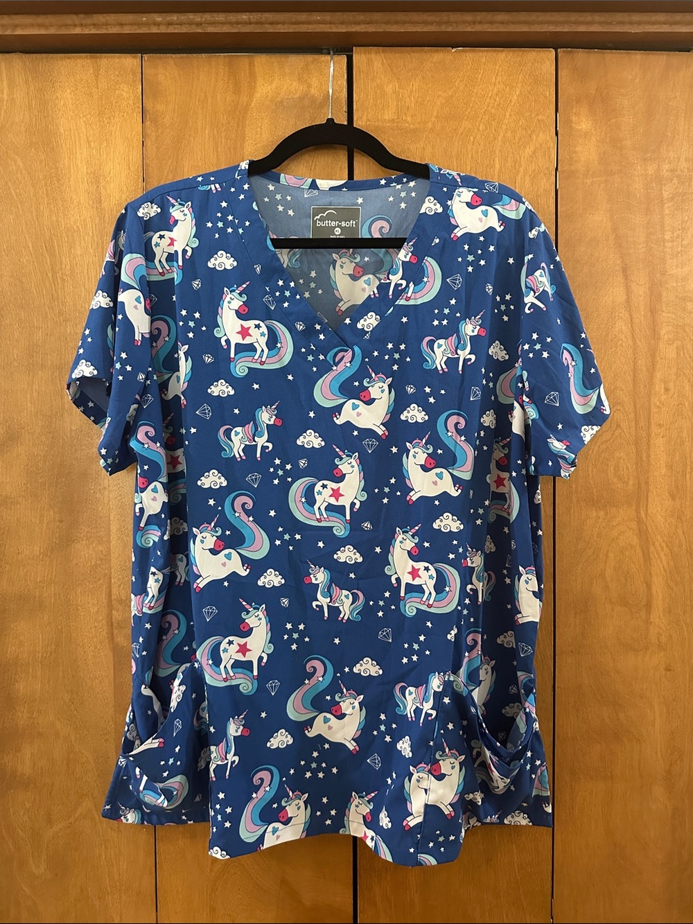 Butter-Soft Blue Unicorn V-Neck Short Sleeve Scrubs